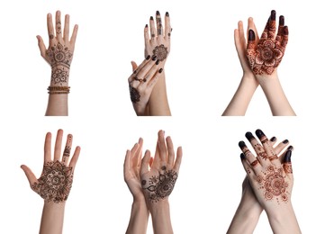 Closeup view of women with henna tattoo on hands against white background, collage. Traditional mehndi ornament