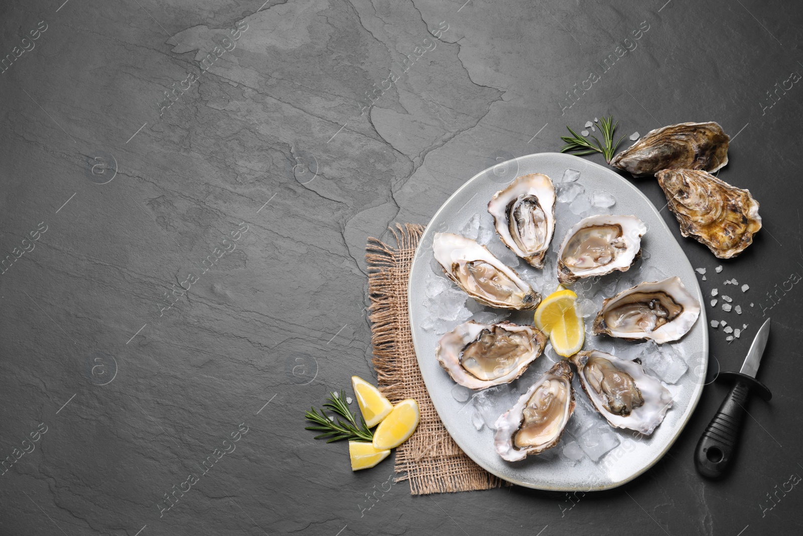 Photo of Delicious fresh oysters with lemon slices served on black slate table, flat lay. Space for text