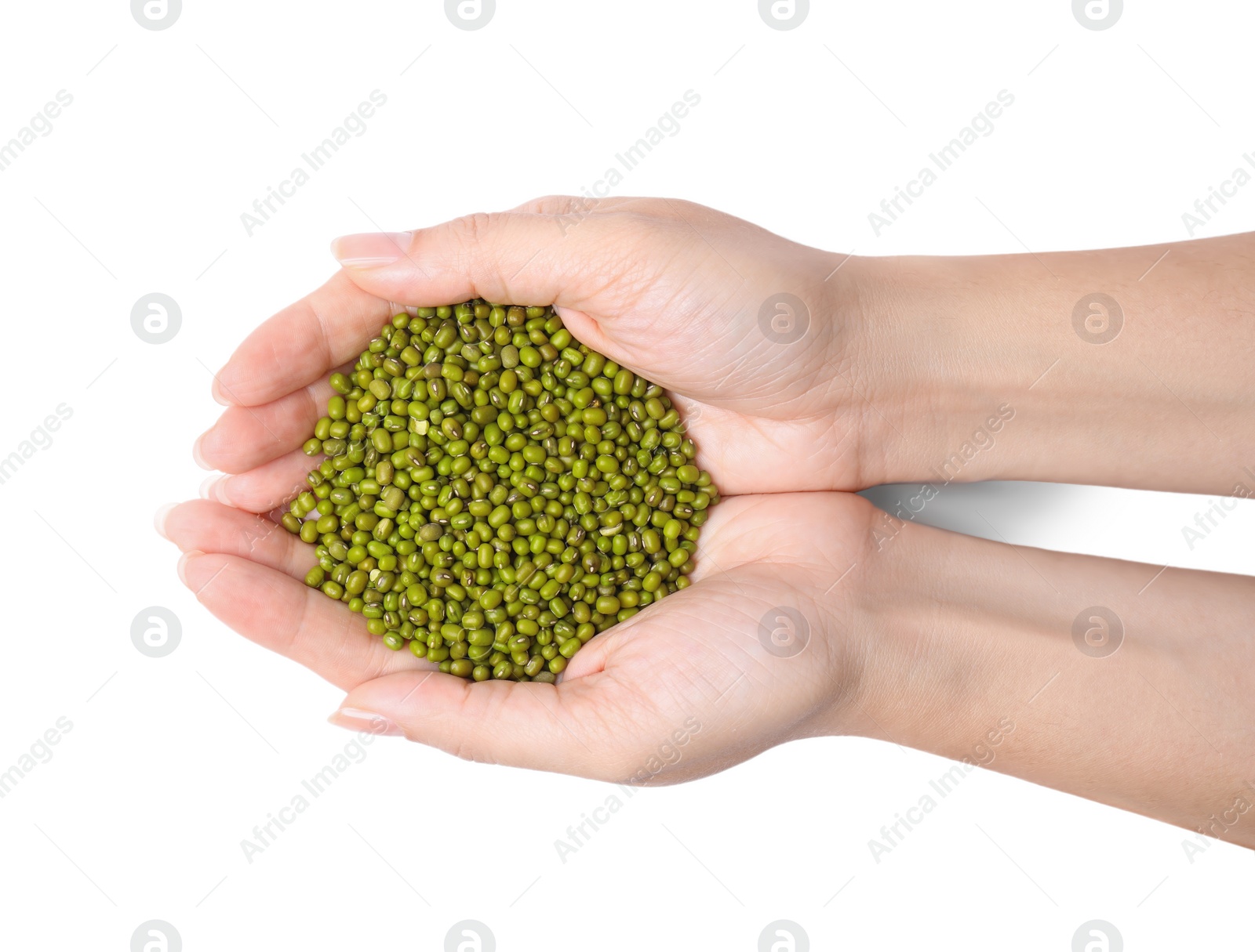 Photo of Woman holding green mung beans on white background, top view