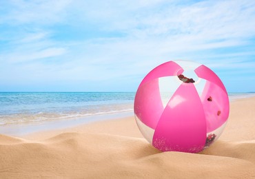 Image of Pink beach ball on sandy coast near sea, space for text 