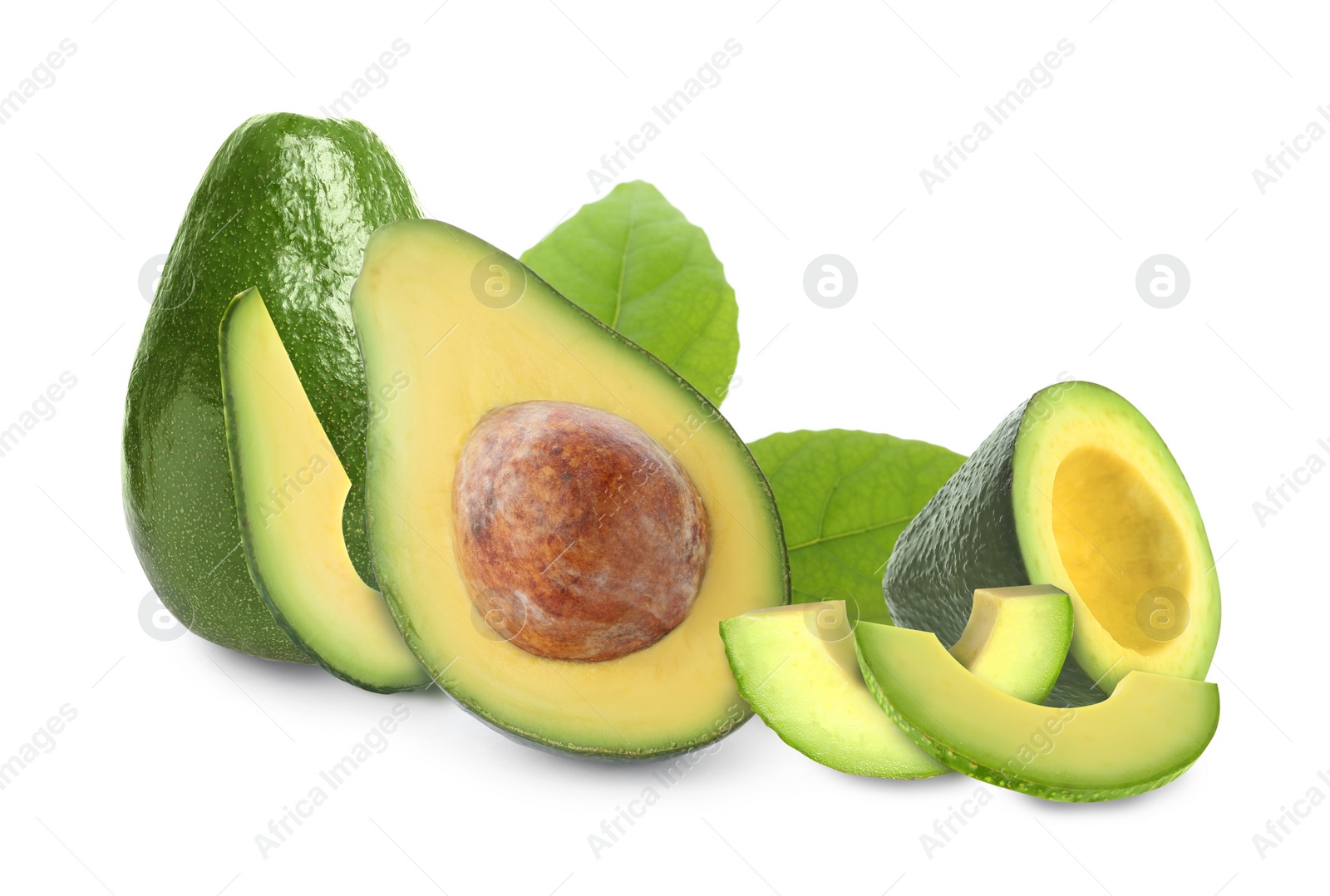 Image of Cut and whole fresh avocados on white background