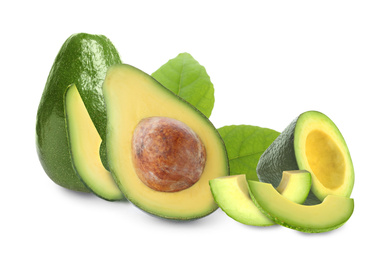 Image of Cut and whole fresh avocados on white background