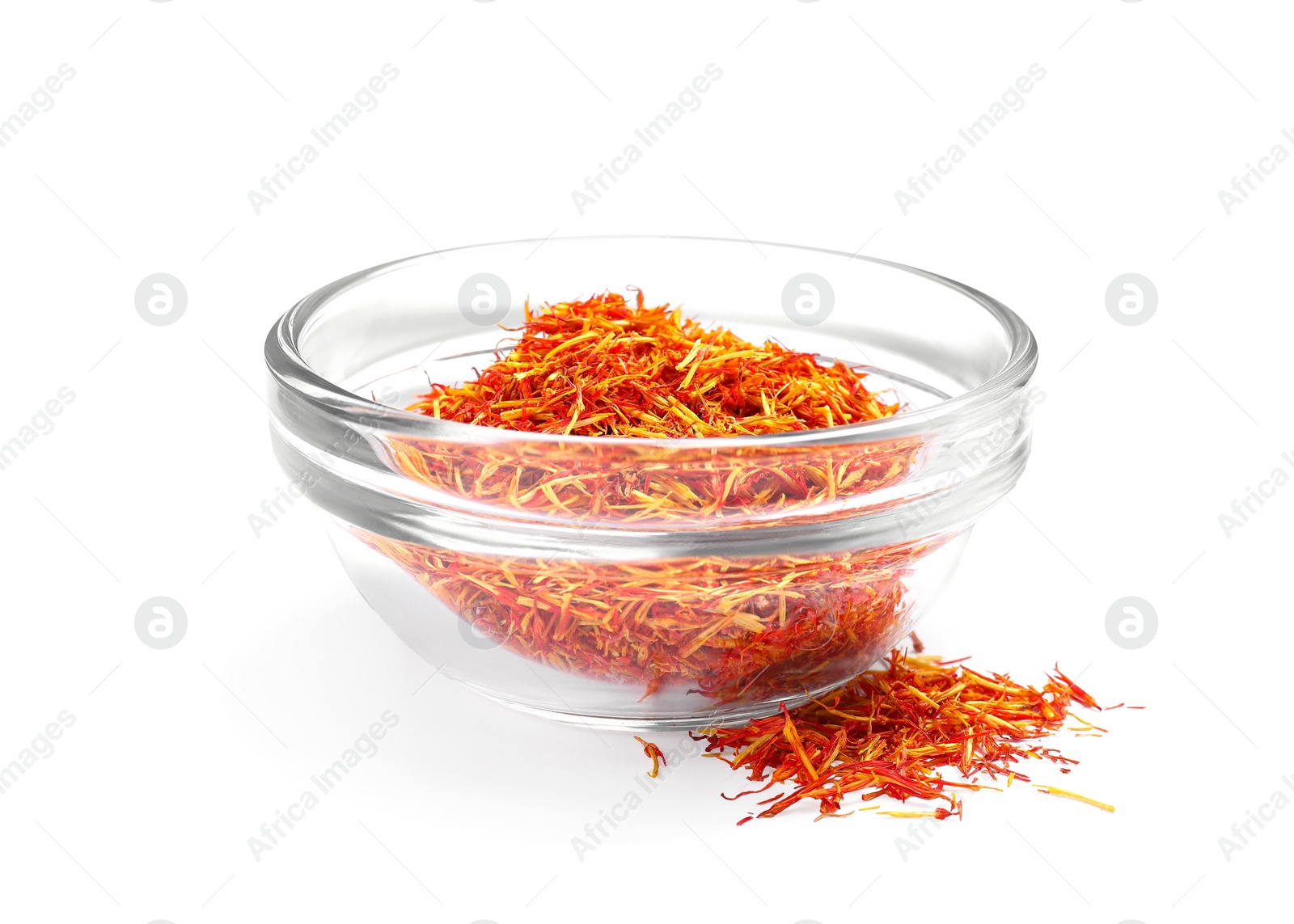 Photo of Aromatic saffron and bowl isolated on white