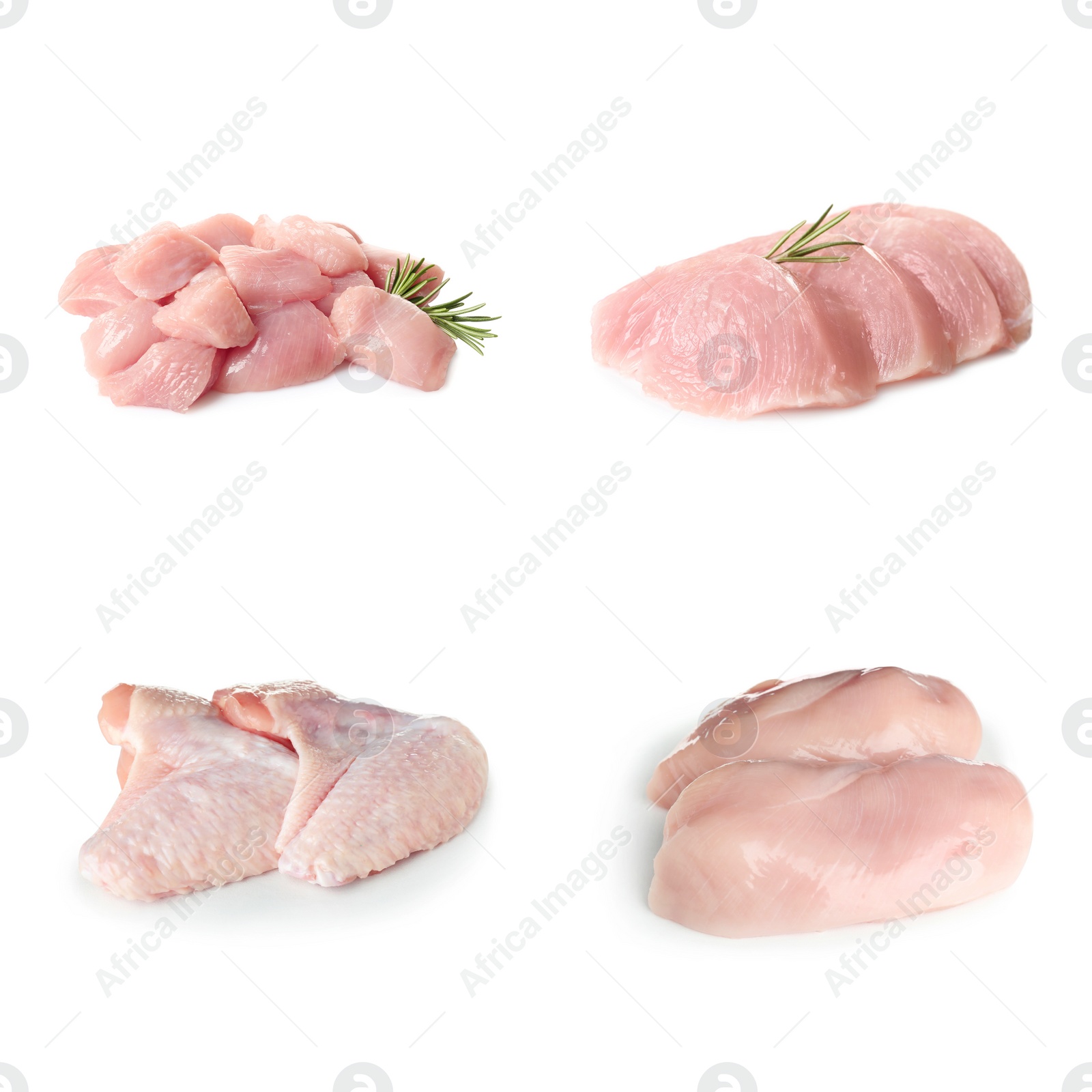 Image of Set with raw chicken meat on white background