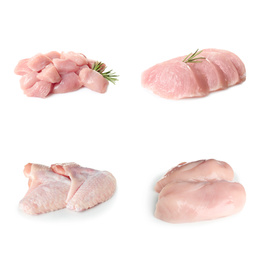 Set with raw chicken meat on white background