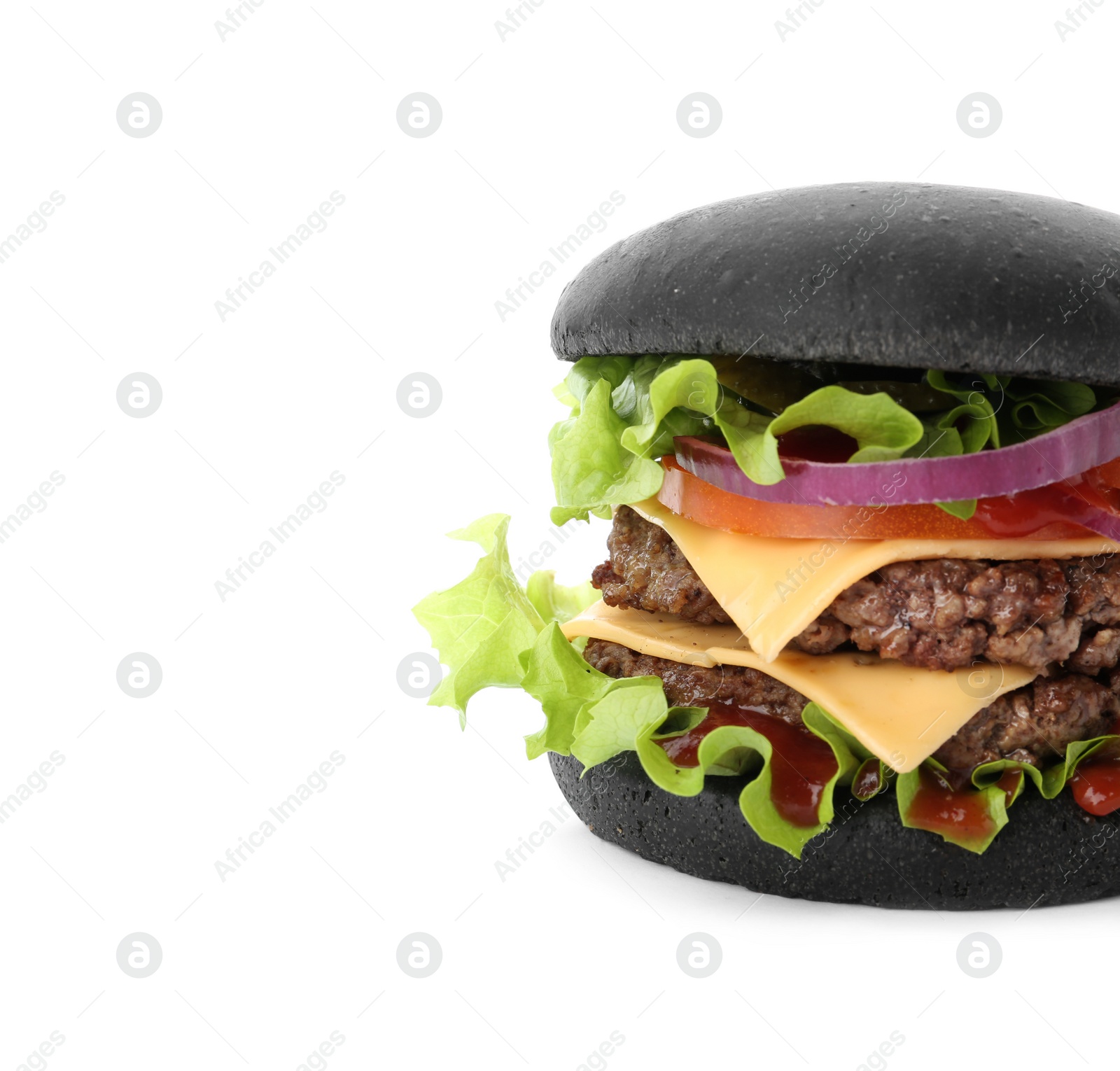 Photo of Tasty unusual black burger isolated on white