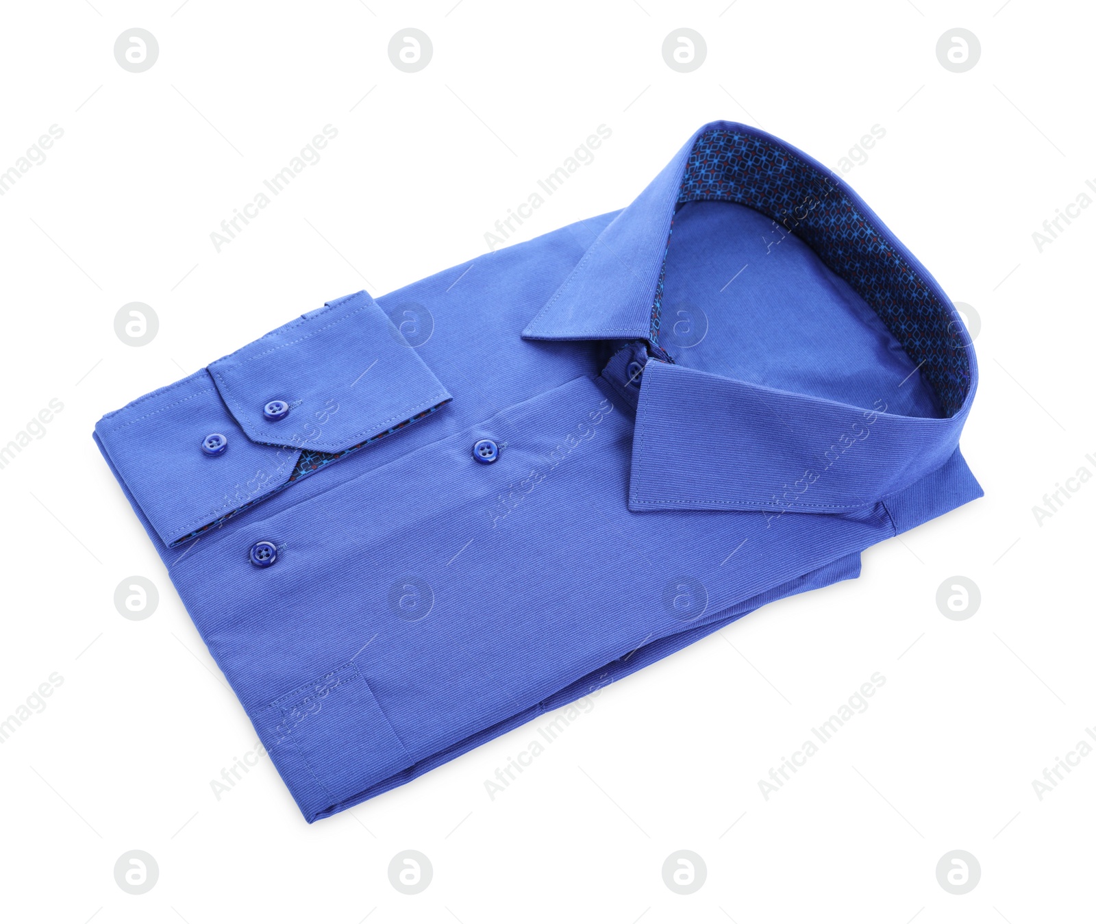 Photo of Stylish blue shirt isolated on white. Dry-cleaning service