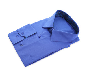 Photo of Stylish blue shirt isolated on white. Dry-cleaning service