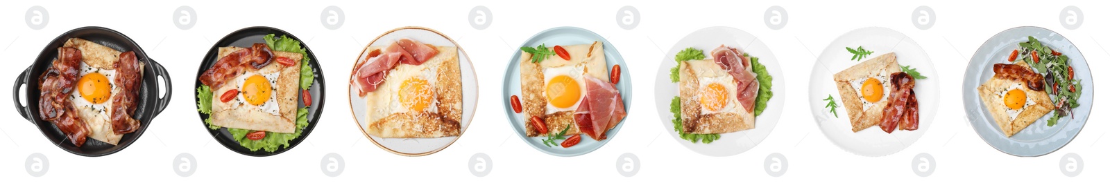 Image of Set with delicious crepes with eggs on white background, top view. Breton galette. Banner design