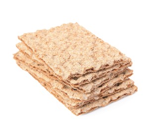 Stack of fresh crunchy crispbreads on white background. Healthy snack