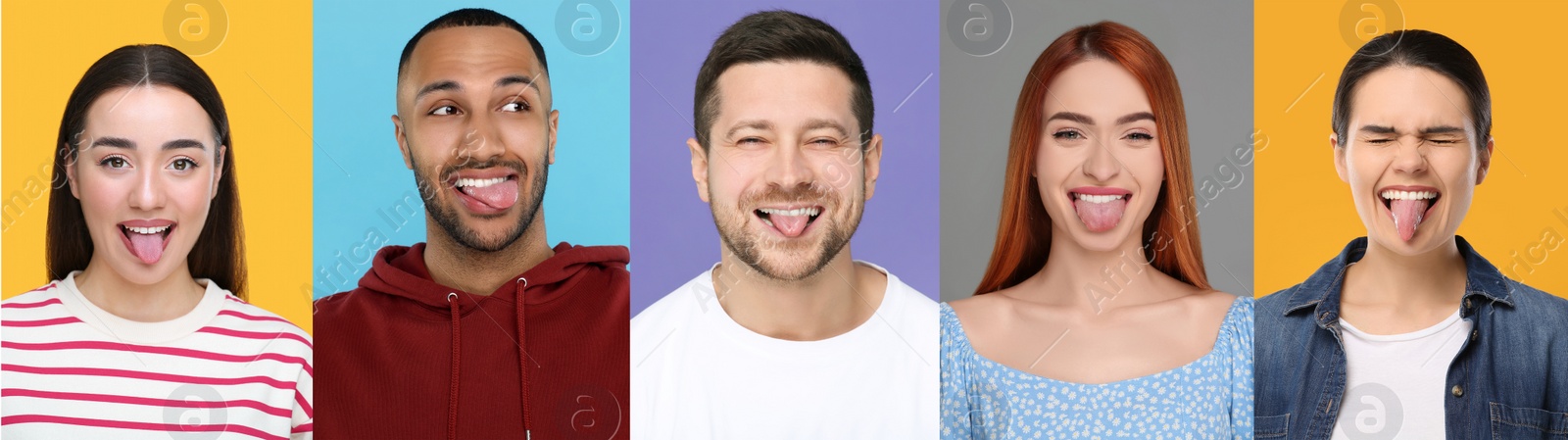 Image of Collage with photos of people showing their tongues on different color backgrounds