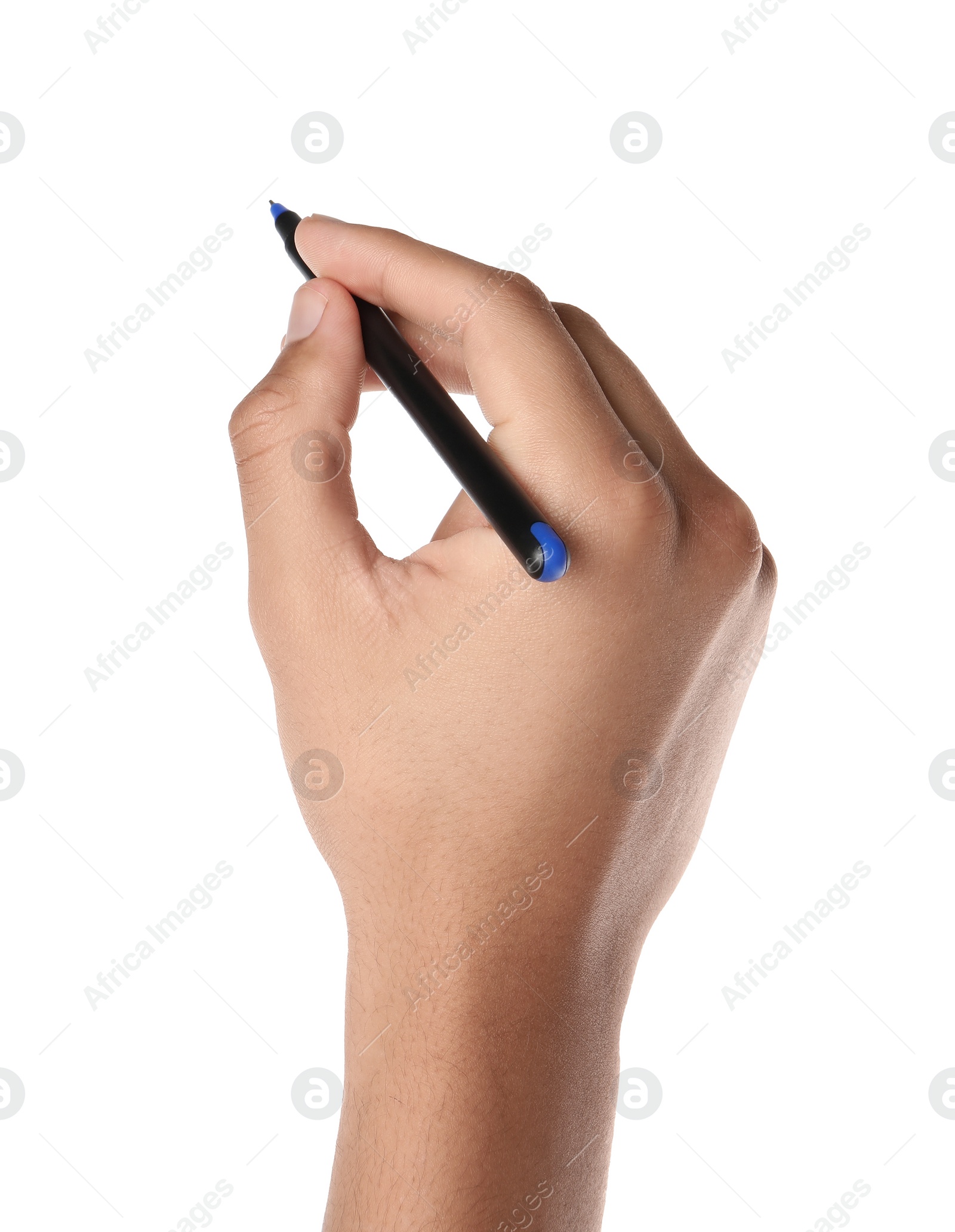 Photo of Man holding pen on white background, closeup of hand