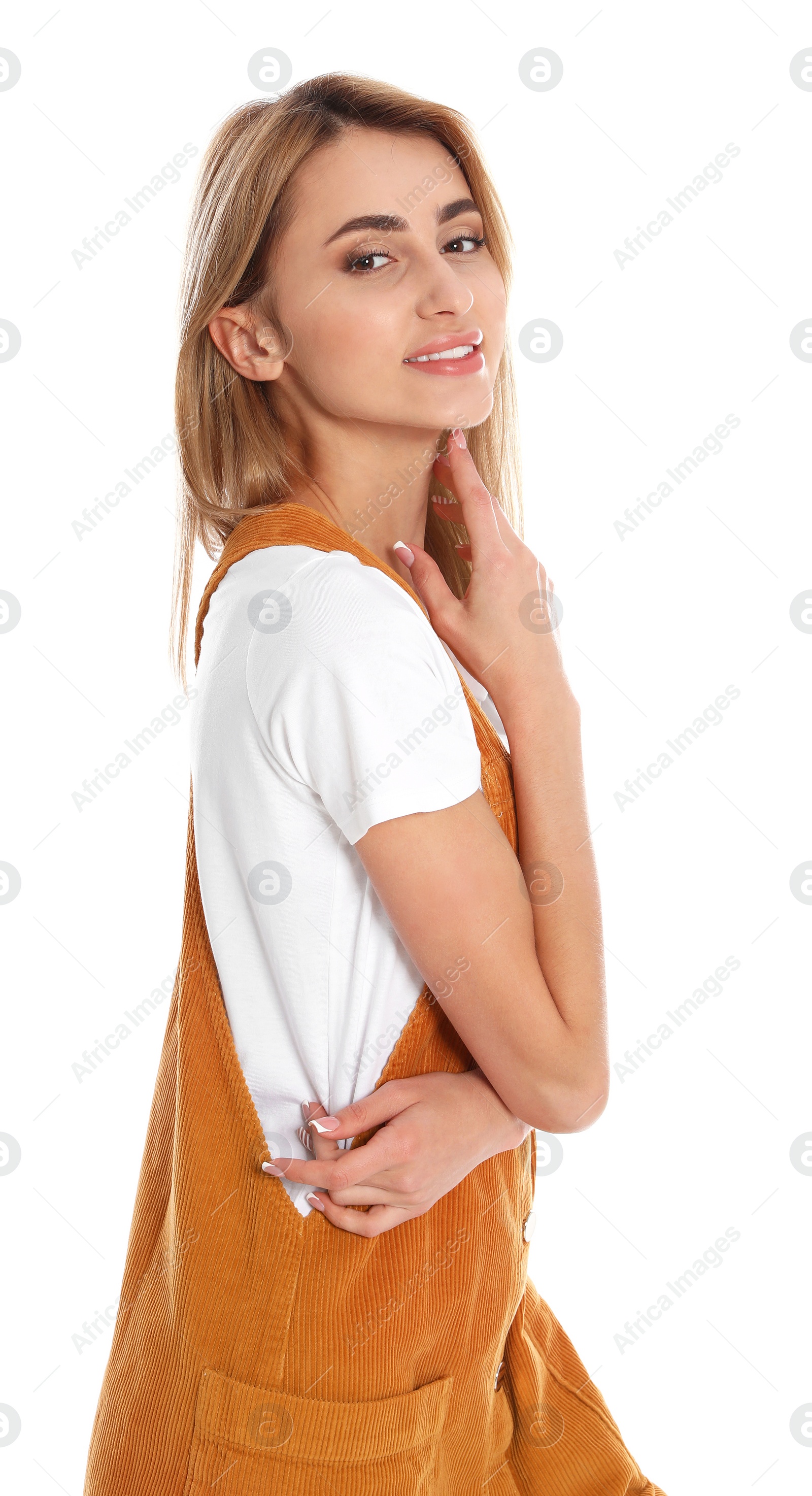 Photo of Beautiful young woman posing on white background