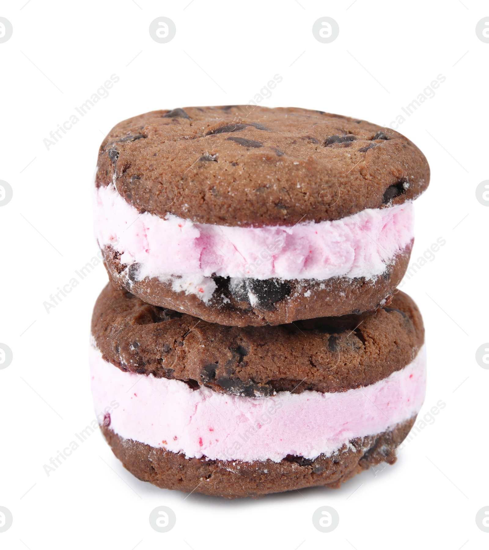 Photo of Sweet delicious ice cream cookie sandwiches on white background