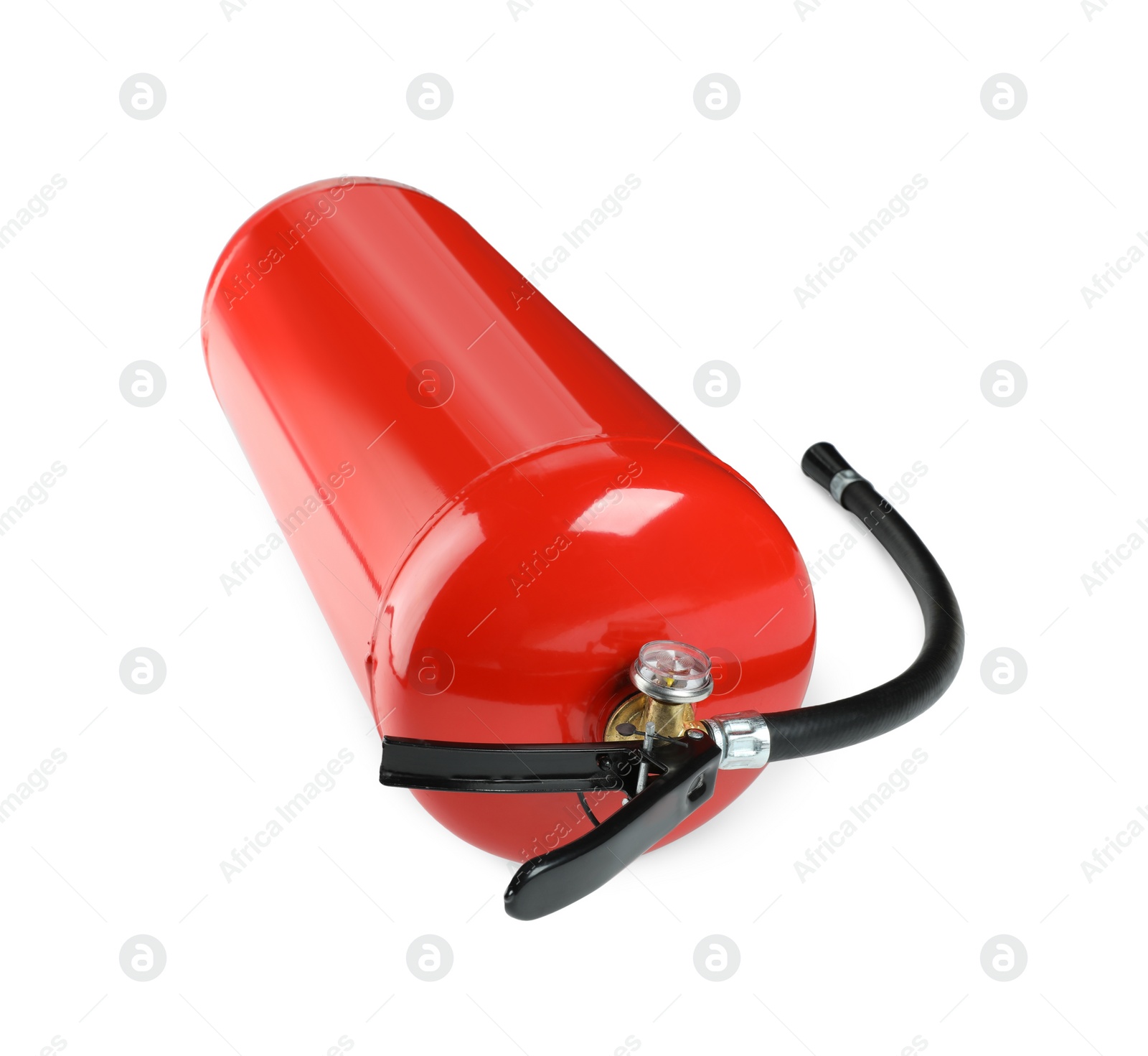 Photo of One red fire extinguisher on white background