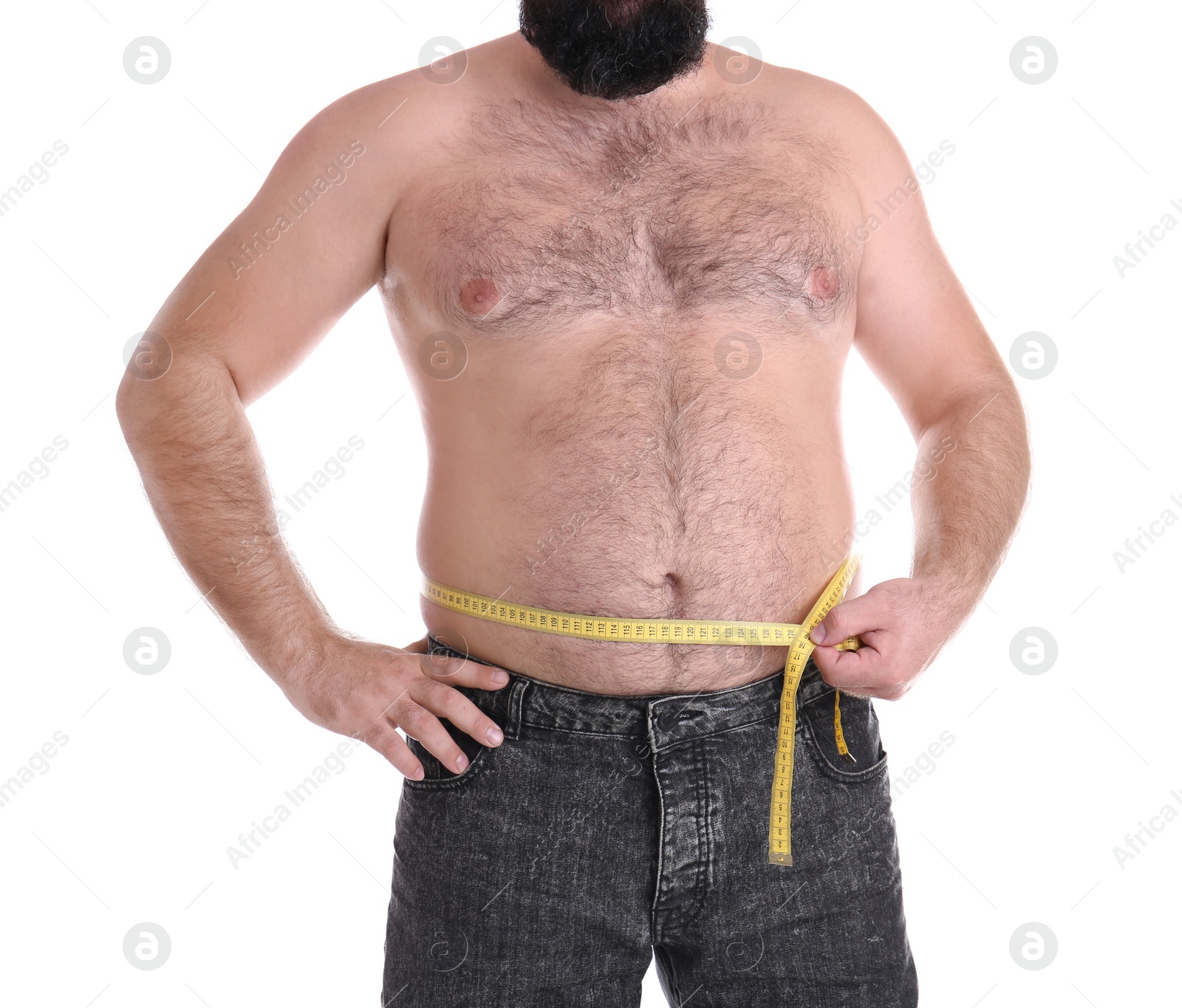 Photo of Fat man with measuring tape on white background, closeup. Weight loss