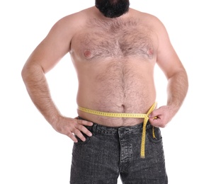 Photo of Fat man with measuring tape on white background, closeup. Weight loss