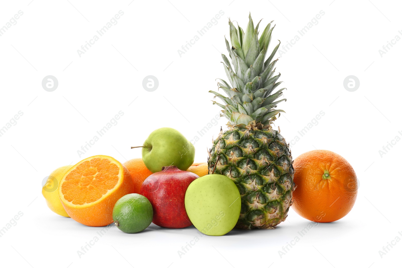 Photo of Rainbow collection of ripe fruits on white background