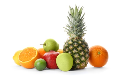 Rainbow collection of ripe fruits on white background