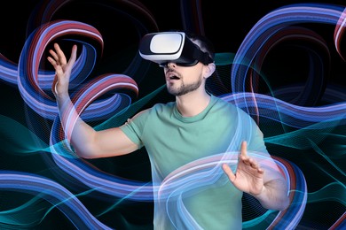 Image of Metaverse. Man using virtual reality headset. Illustration of immersion into cyber space