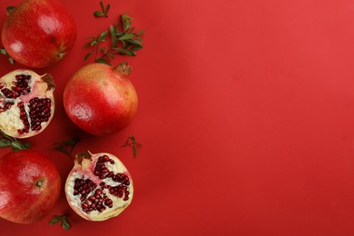 Photo of Flat lay composition with ripe pomegranates on red background. Space for text