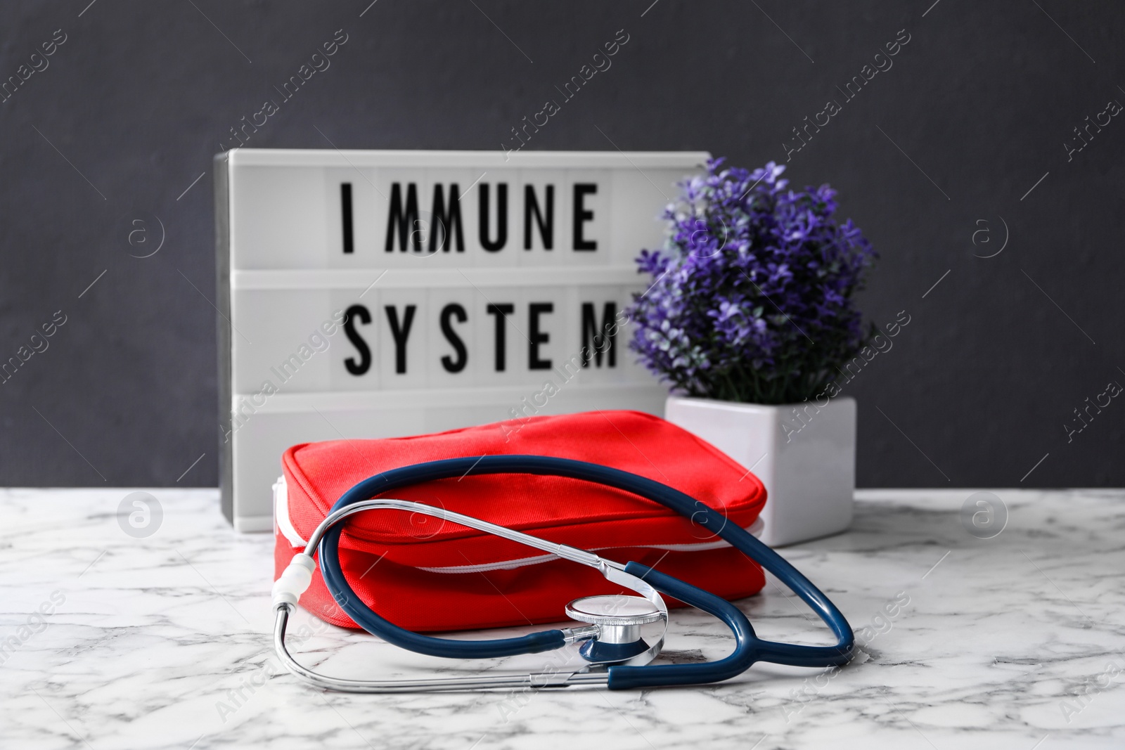 Photo of Lightbox with words Immune System, flowers and first aid kit on white marble table