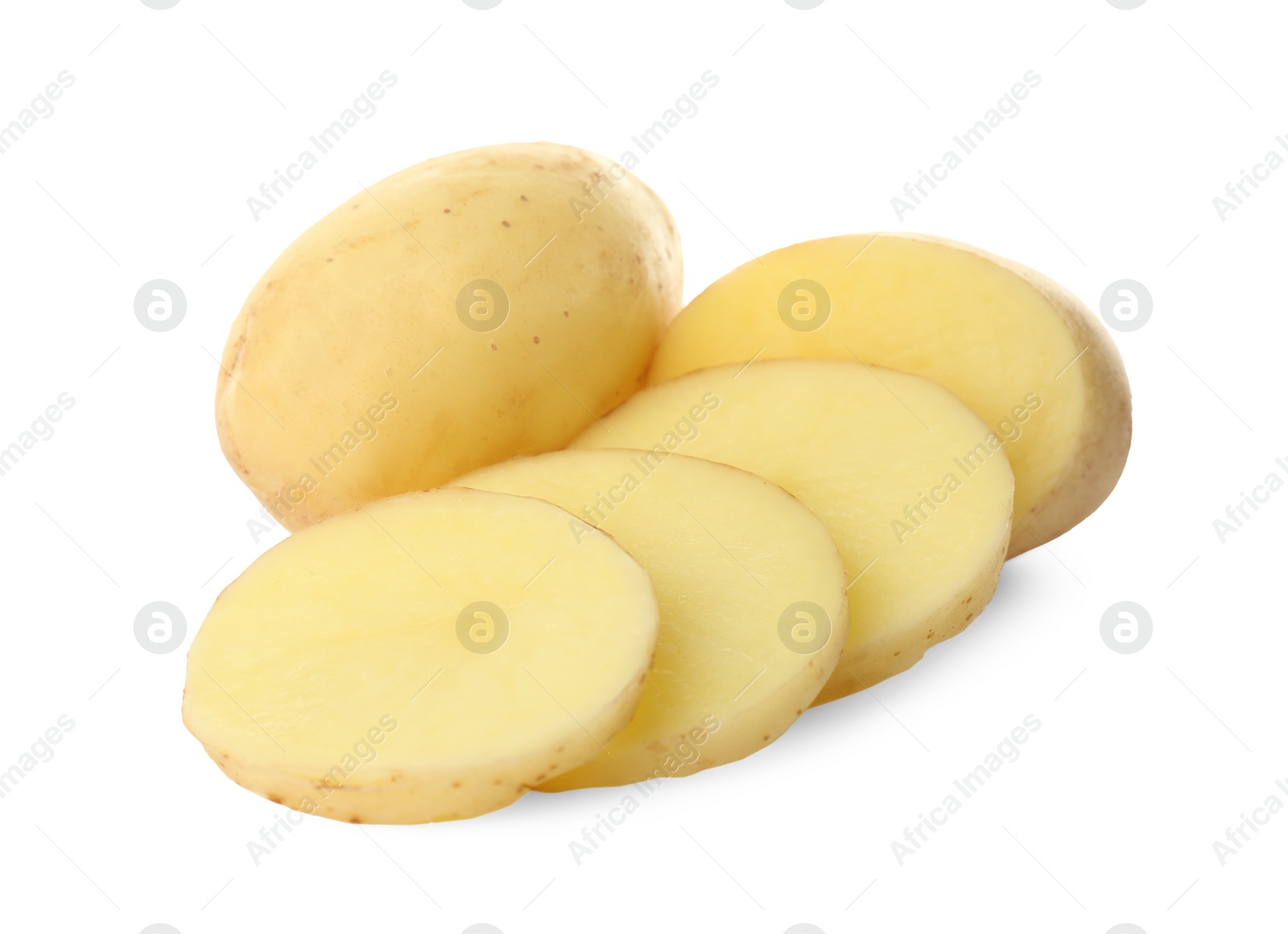 Photo of Whole and cut fresh raw organic potatoes on white background