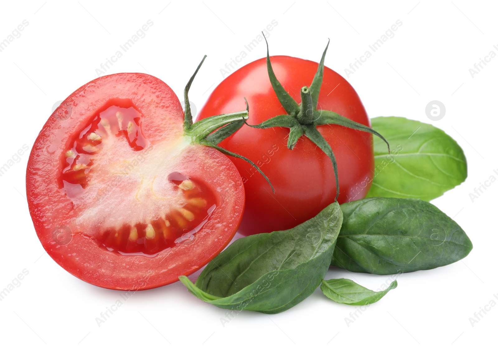 Photo of Fresh green basil leaves with cut and whole tomatoes on white background