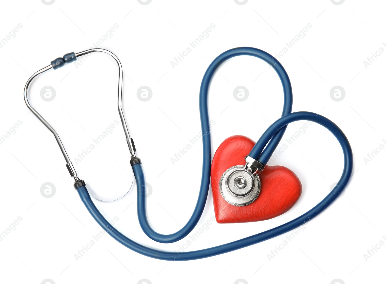 Photo of Red heart and stethoscope on white background, top view. Cardiology concept