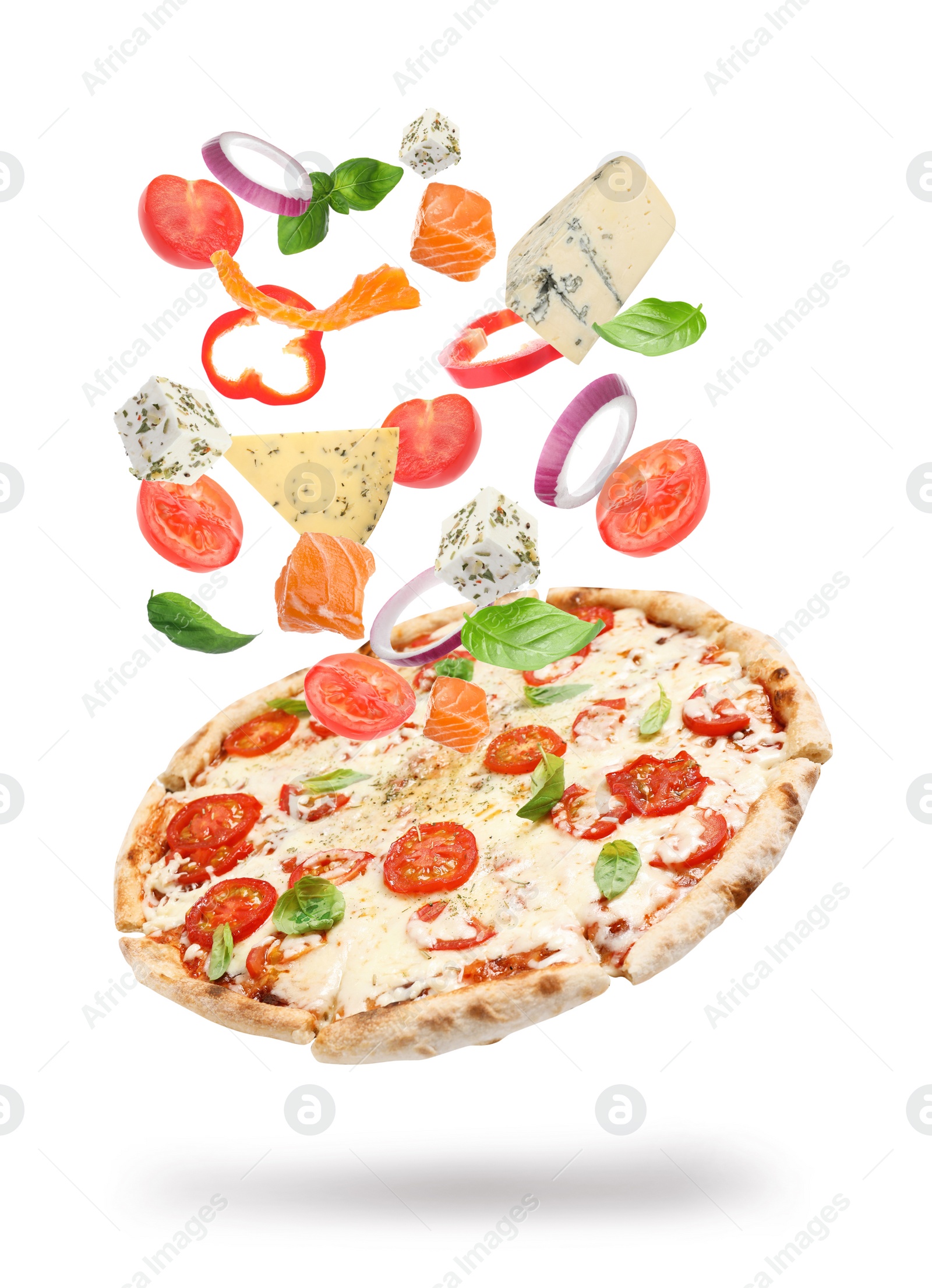 Image of Delicious pizza with flying ingredients on white background