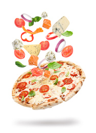 Image of Delicious pizza with flying ingredients on white background