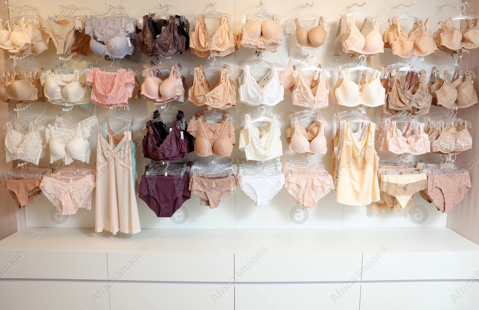 Photo of Many different beautiful women's underwear in lingerie store