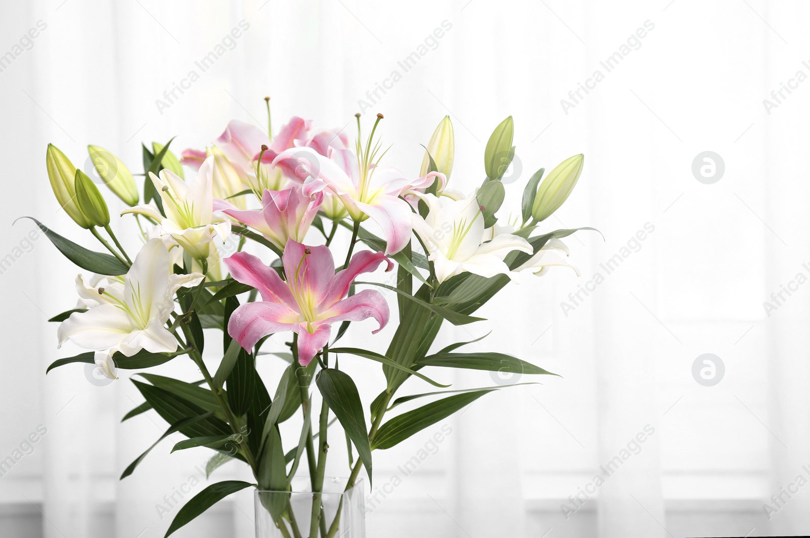 Photo of Vase with bouquet of beautiful lilies on blurred background. Space for text