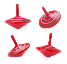 Red spinning tops isolated on white. Toy whirligig
