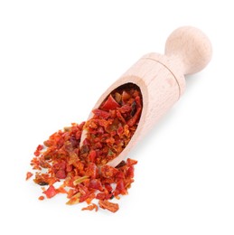 Aromatic spice. Red chili pepper flakes in scoop isolated on white