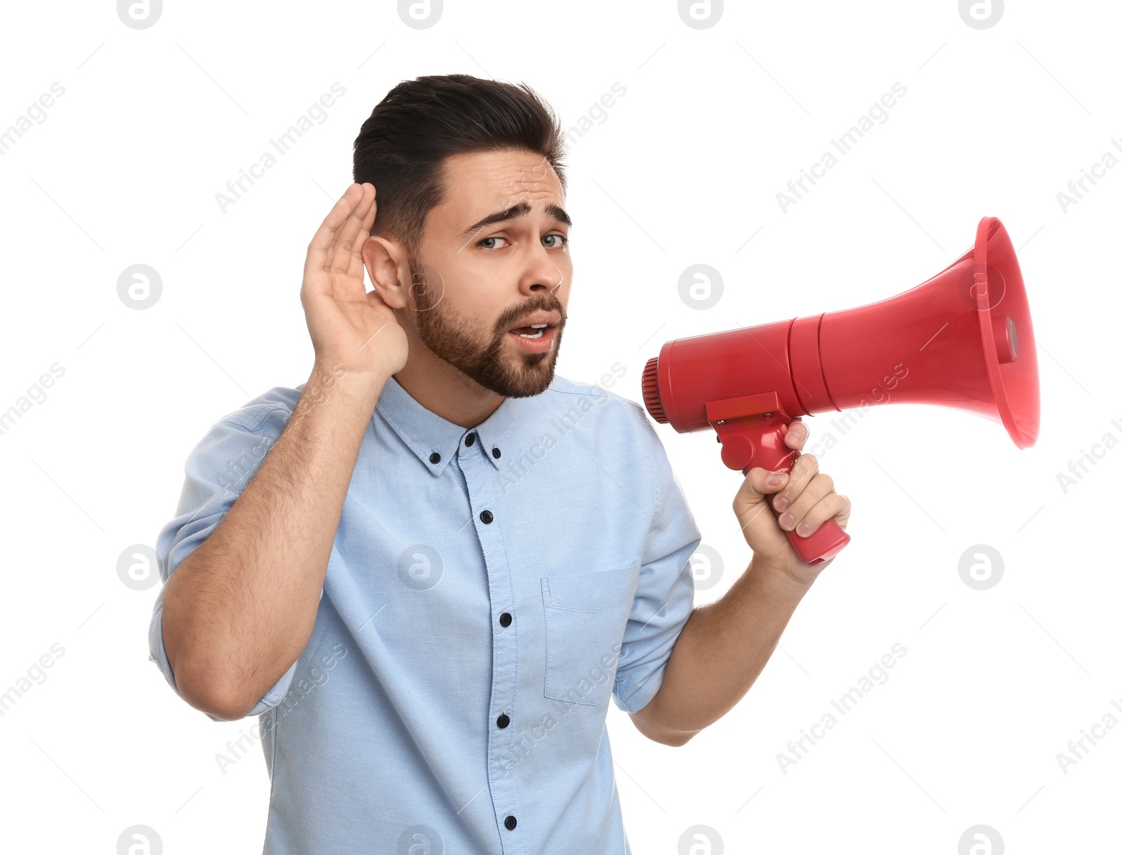 Photo of Young man with megaphone on white background