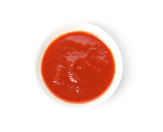 Photo of Bowl of tasty tomato sauce isolated on white, top view