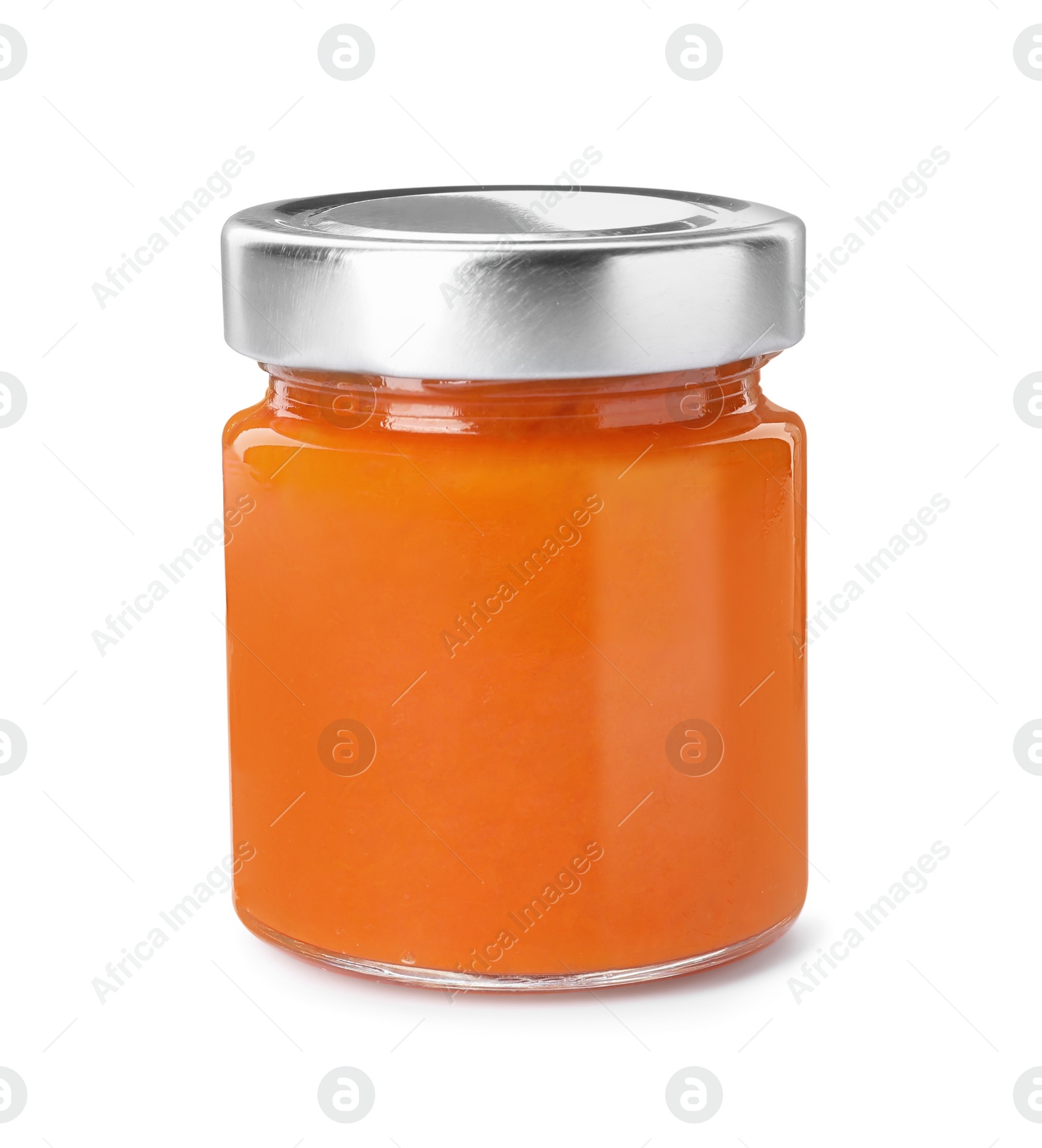 Photo of Jar of delicious pumpkin jam isolated on white