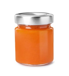 Photo of Jar of delicious pumpkin jam isolated on white