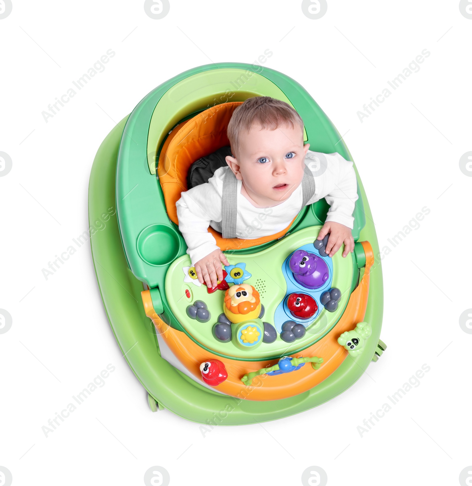 Photo of Cute little boy in baby walker on white background, above view