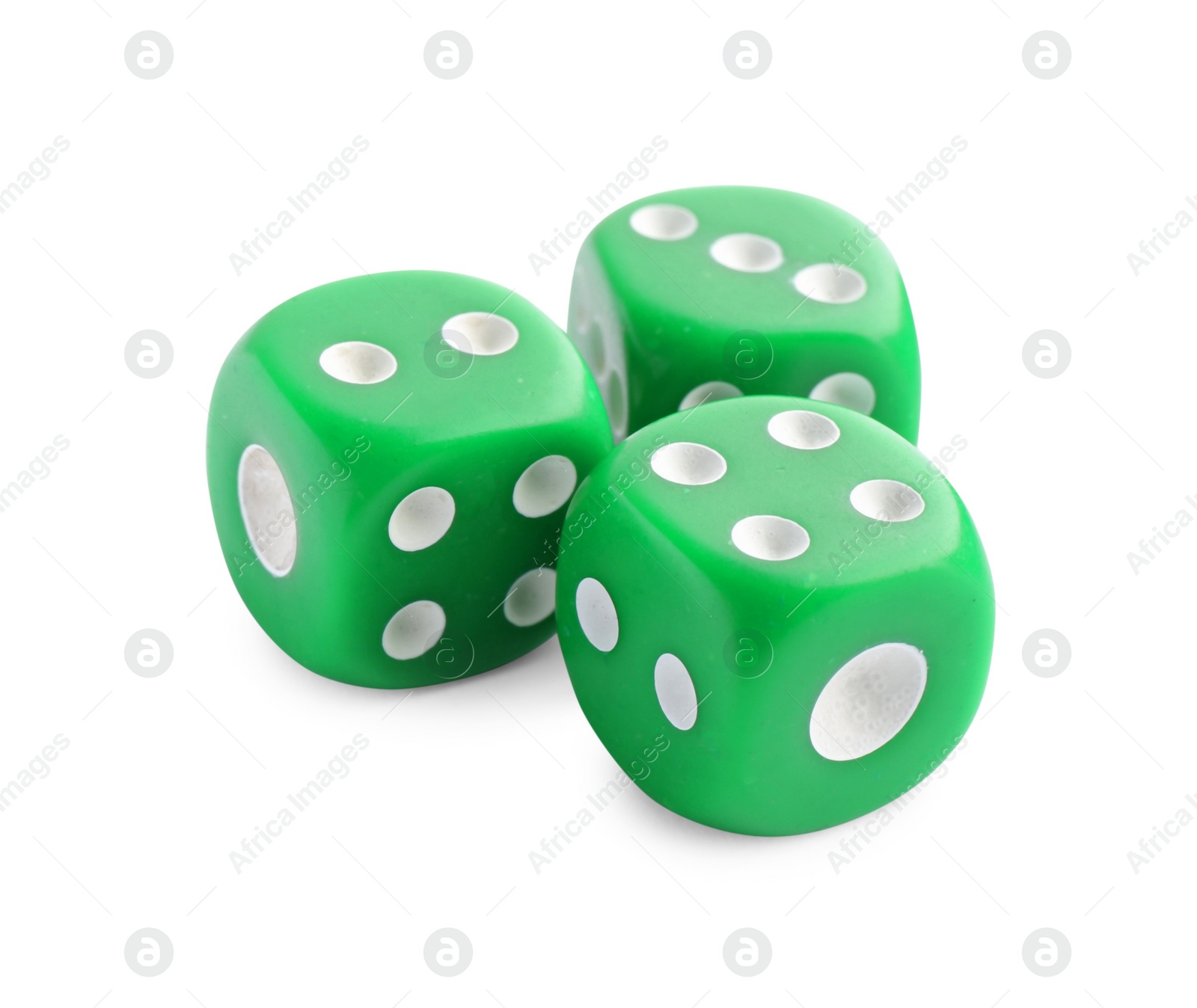 Photo of Three green game dices isolated on white