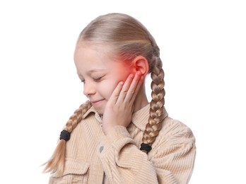 Image of Little girl suffering from ear pain on white background