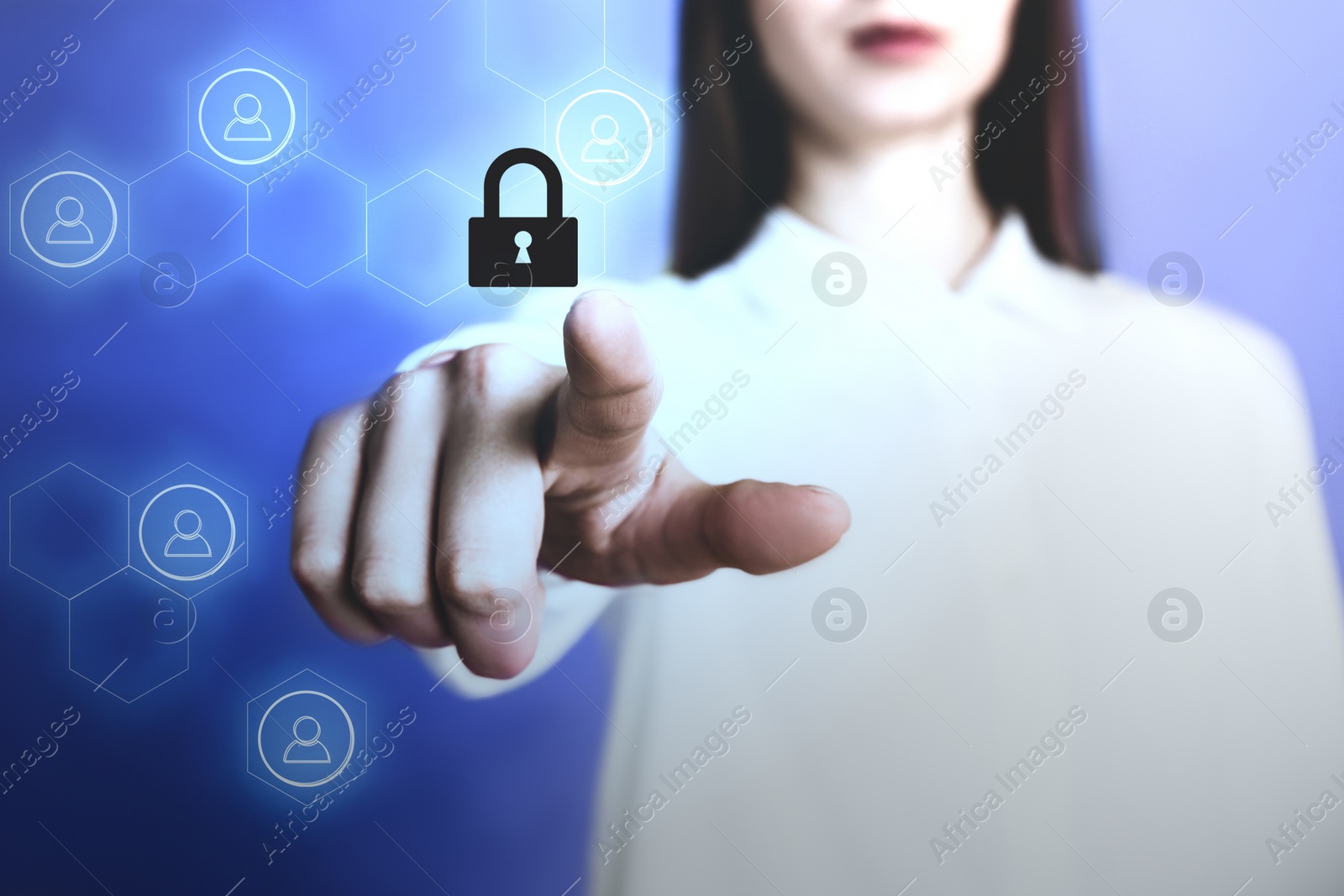 Image of Protection against cyber attack. Woman touching digital lock icon on virtual screen