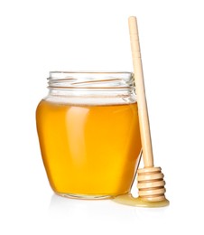 Photo of Tasty honey in glass jar and dipper isolated on white