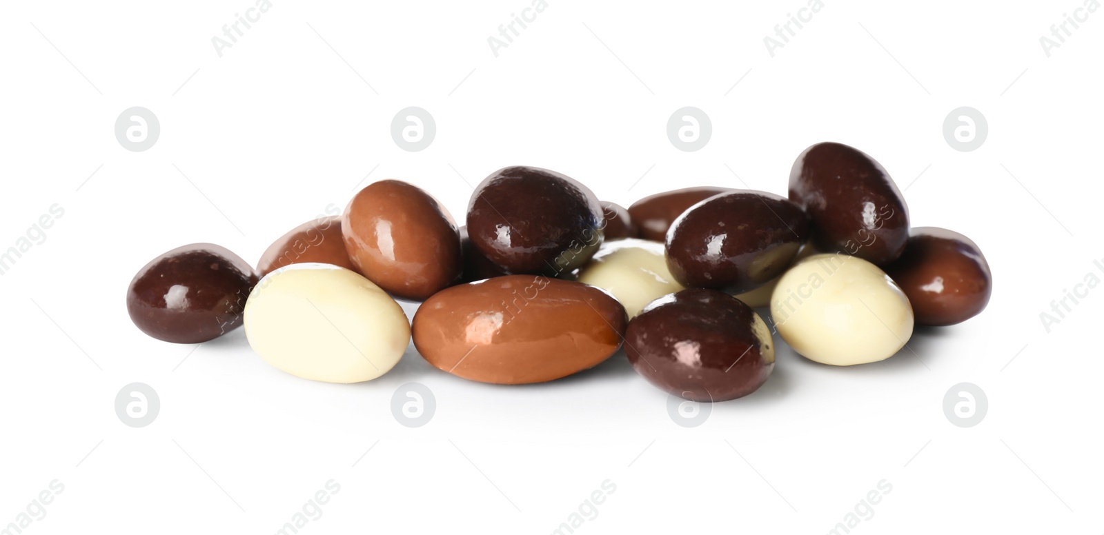 Photo of Different delicious chocolate candies on white background