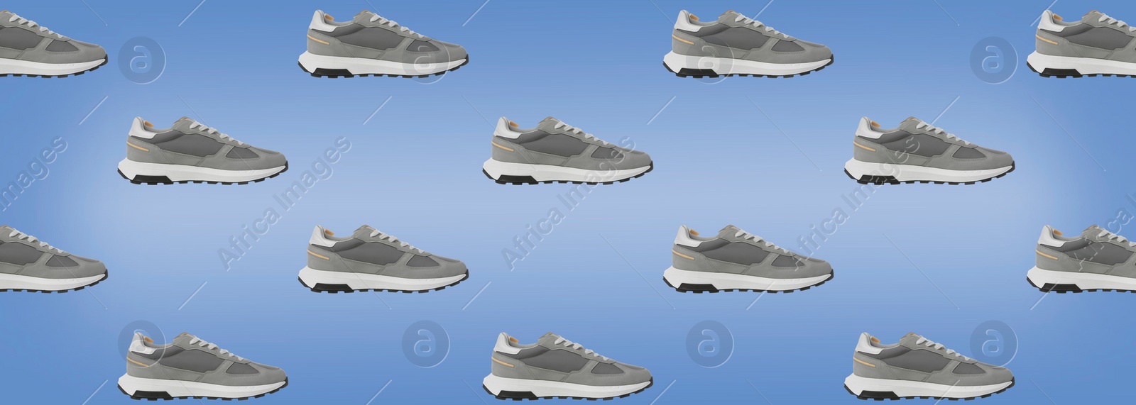 Image of Collage of grey stylish sneakers on light blue background. Banner design