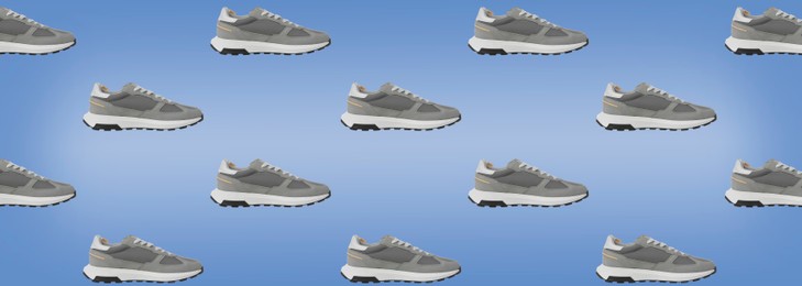 Image of Collage of grey stylish sneakers on light blue background. Banner design
