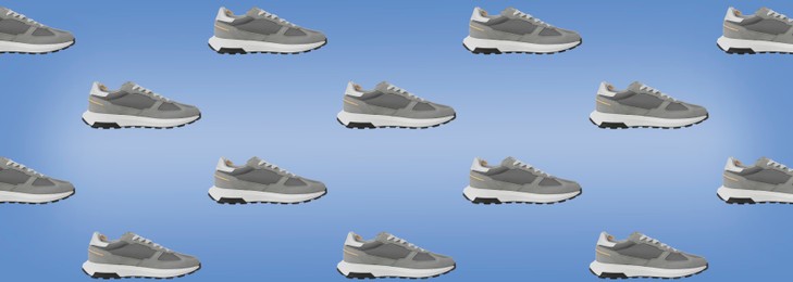 Collage of grey stylish sneakers on light blue background. Banner design