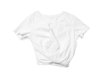 Photo of Modern t-shirt isolated on white, top view