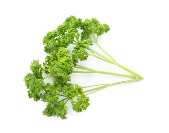 Photo of Fresh green curly parsley on white background, top view